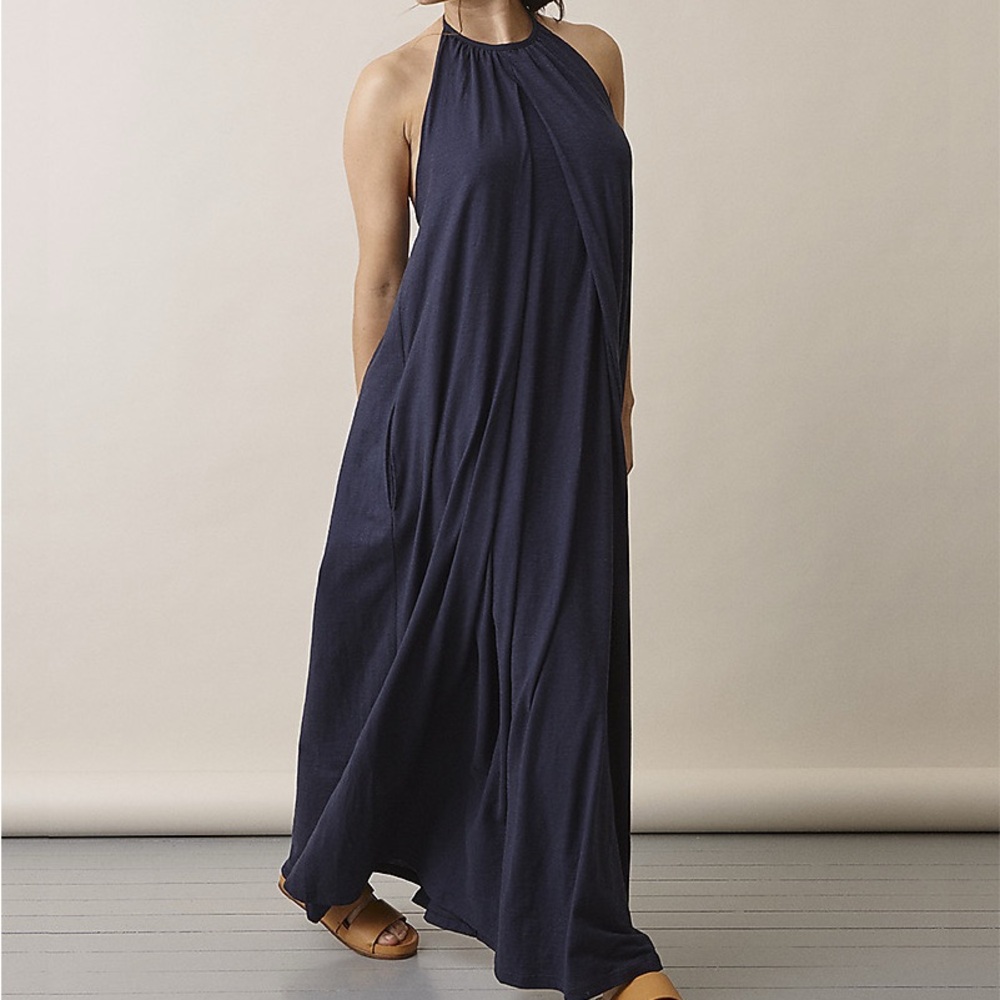 Boob Design Navy Maternity Nursing Maxi Dress Organic Cotton Pockets Sundress M